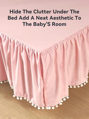 Baby Crib Skirt Girls Boys, Ruffled Bed Skirt with Pompoms, 28”x 52”, 14'' Drop, Pink