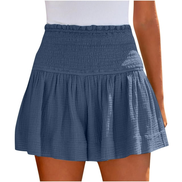 Womens Summer Shorts High Elastic Waisted Pleated Ruffle Cute Shorts Lightweight Beach Flowy Casual Lounge Shorts