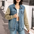thumbnail image 6 of Otntypg Women's Splicing Hooded Jean Jacket Casual Fall Drawstring Layered Washed Long Sleeve Sweatshirt Button Down Hoodie Denim Shack Jacket with Pockets, 6 of 9