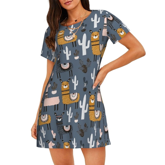 Fotbe Llama and Cactus Bata de Dormir para Mujer con Estampado, Camisón de Algodón de Manga Corta, Ropa de Dormir Casual