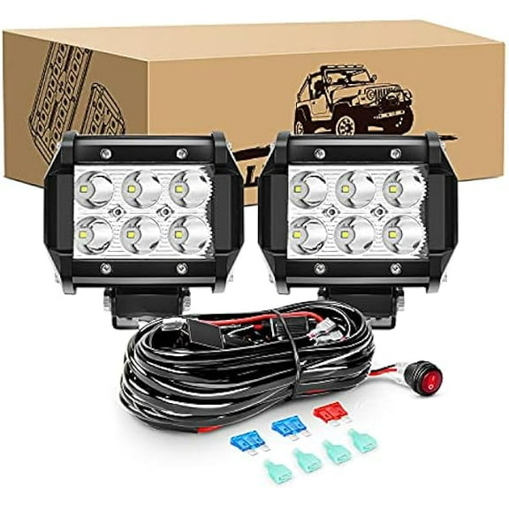 Waywe 2PCS 18W LED Pods Spot Light Bar Fog Light Driving Lighting with 16AWG Off Road Wiring Harness-2 Leads for Truck Golf Cart SUV ATV UTV Boat