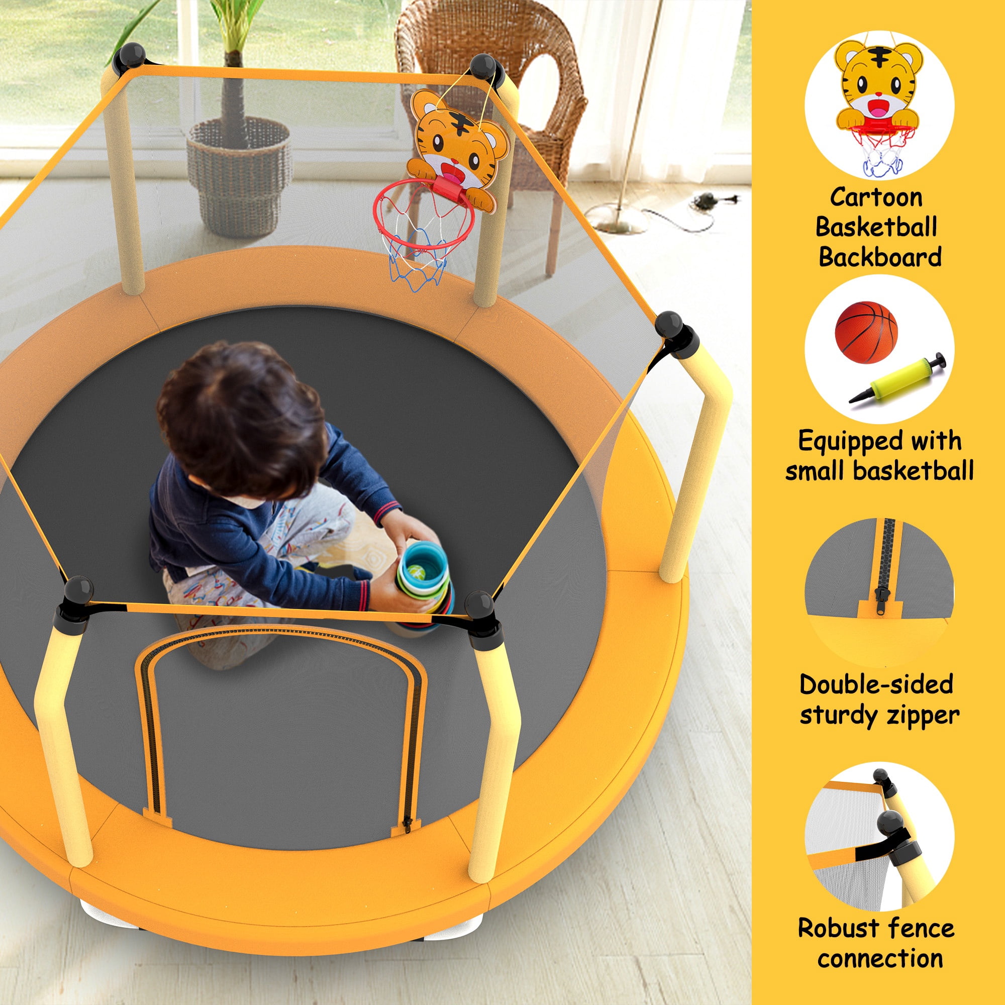 55" Toddler Trampoline with Safety Enclosure Net, Trampoline Indoor & Outdoor, Mini Trampoline for Kids 1-8 with Basketball Hoop, Ball and Thick Foam Protection, Birthday Gifts for Boy & Girl