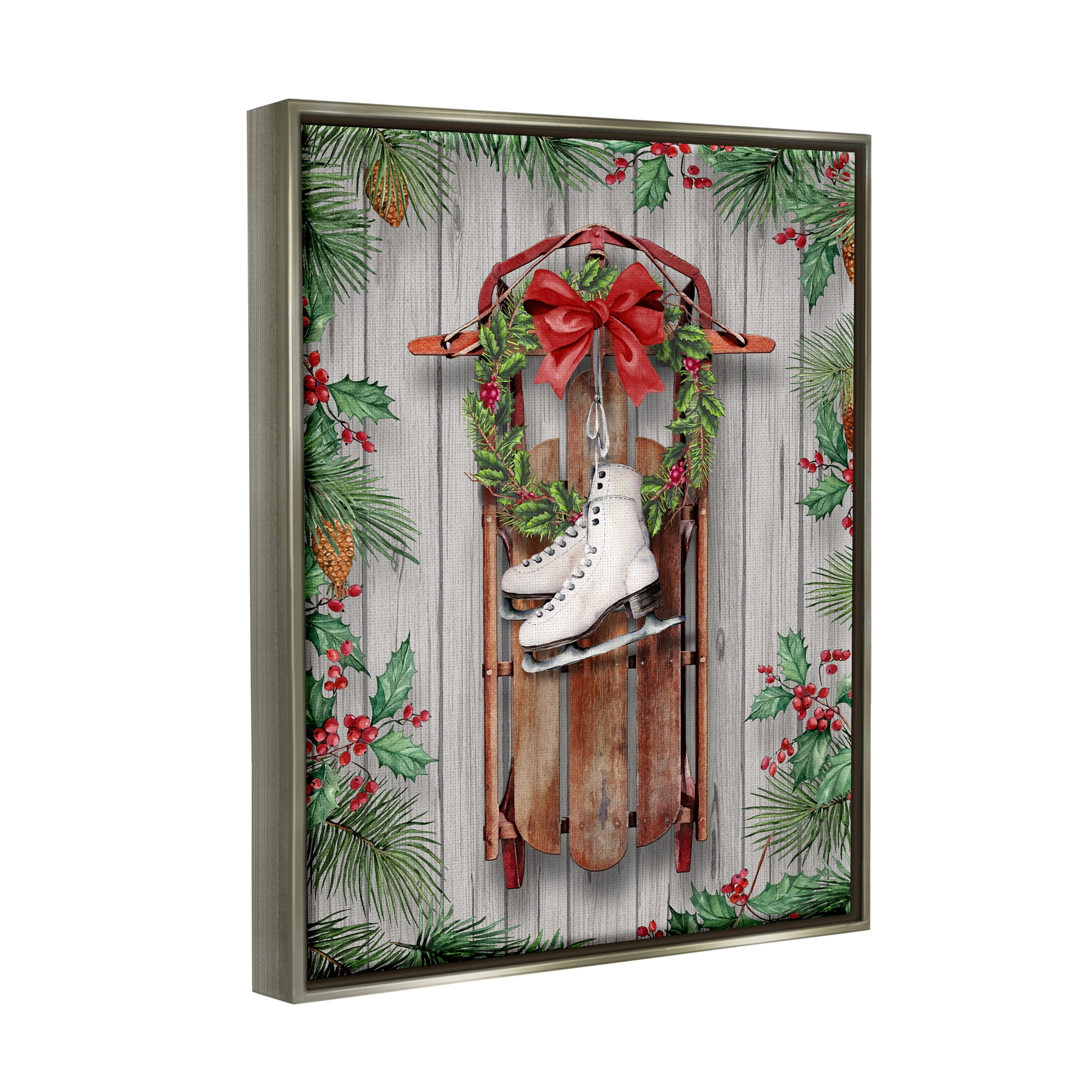 Stupell Industries Winter Ice Skates & Sled Holiday Painting Gray Floater Framed Canvas Art Print Wall Art, 17 x 21