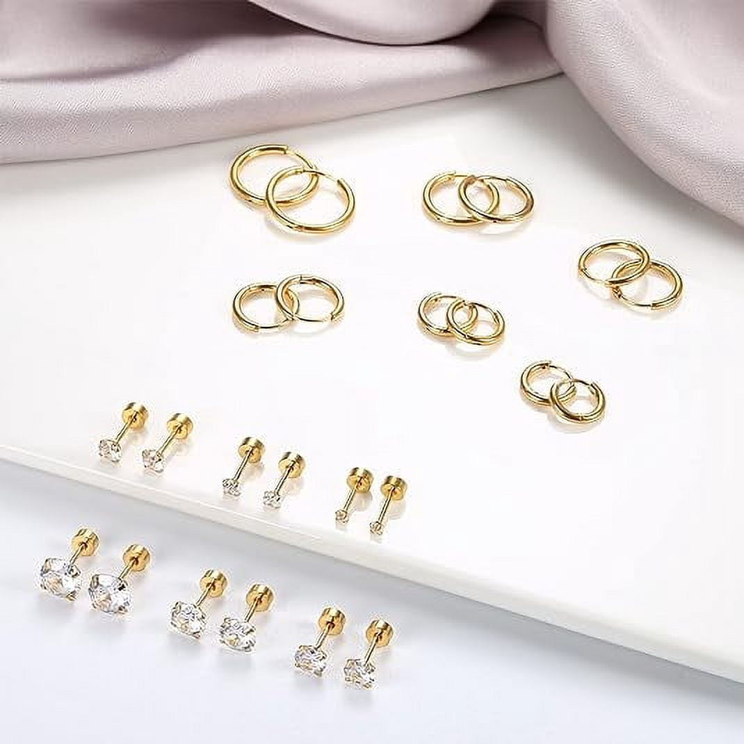 Knubmt 12 Pairs 316L Stainless Steel Earring Set 14K Gold Plated Hoop Earrings Flat Back Stud Earrings for Women Men, Gold