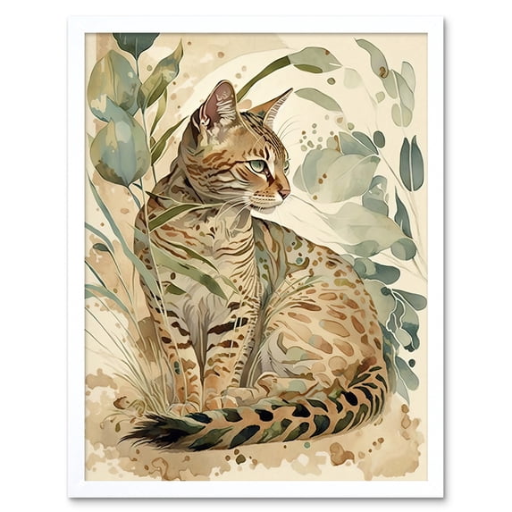 Spotted Fur Coat Bengal Cat in Nature Pastel Watercolour Illustration Art Print Framed Poster Wall Decor 12x16 inch