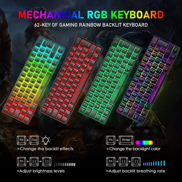 Clavier Mécanique À 60 % Et Souris En Nid D'abeille Filaire, Clavier De Jeu  Rétroéclairé RVB Anti-ghosting À 62 Touches, Souris Rétroéclairée Arc-en-c