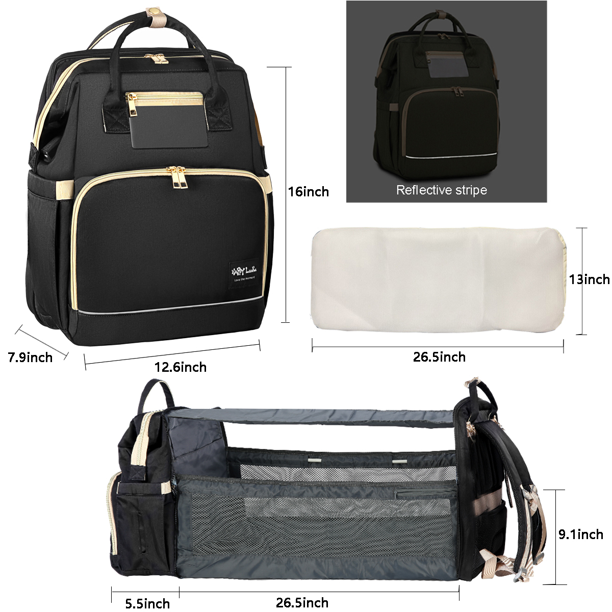 HAPPYLUOKA Diaper Changing Bag for Baby essentials, Diaper Backpack for Moms, Baby Boy Nappy Bag, Black