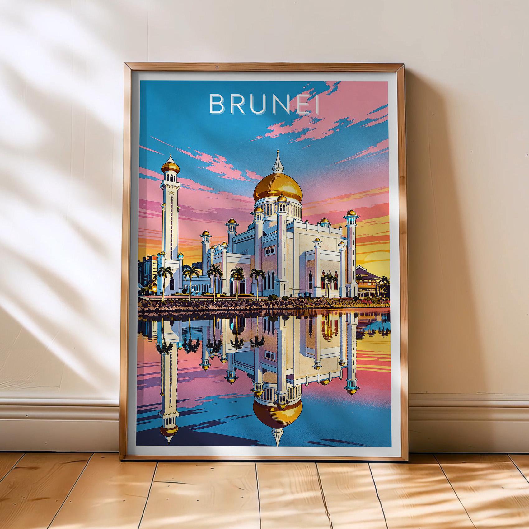 Brunei Travel Poster, Bandar Seri Begawan Poster, Brunei Retro Wall Art, Asia Decor, Golden Mosque Art, , Poster Print Only