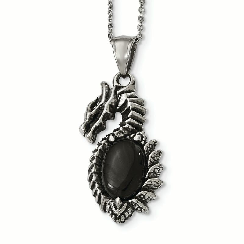 Chisel White Stainless Steel Antiqued Polished Black Glass 20 inch Dragon Necklace Men s