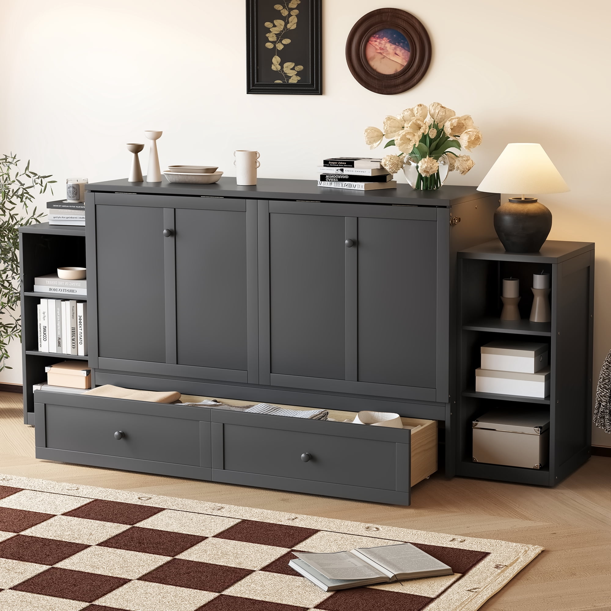 Mintazer Queen Size Murphy Bed with 6 Side Shelves & 2 Drawers, Modern Foldable Cabinet Bed for Bedroom Apartment Guest Room, Dark Gray