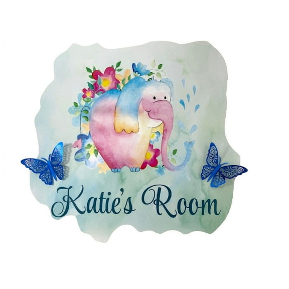 3D Bedroom Wall Decal Sticker For Girls Custom Designs With 3D Butterfly Watercolor Cute Elephant With Pretty Flowers - Easily Applied And Removable - Size: 26 In X 14 In