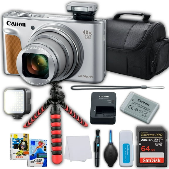 Canon PowerShot SX740 HS Digital Camera (Silver)   SanDisk Extreme Pro 64GB Memory Card   Camera Case   Spider Tripod   More (International Version)