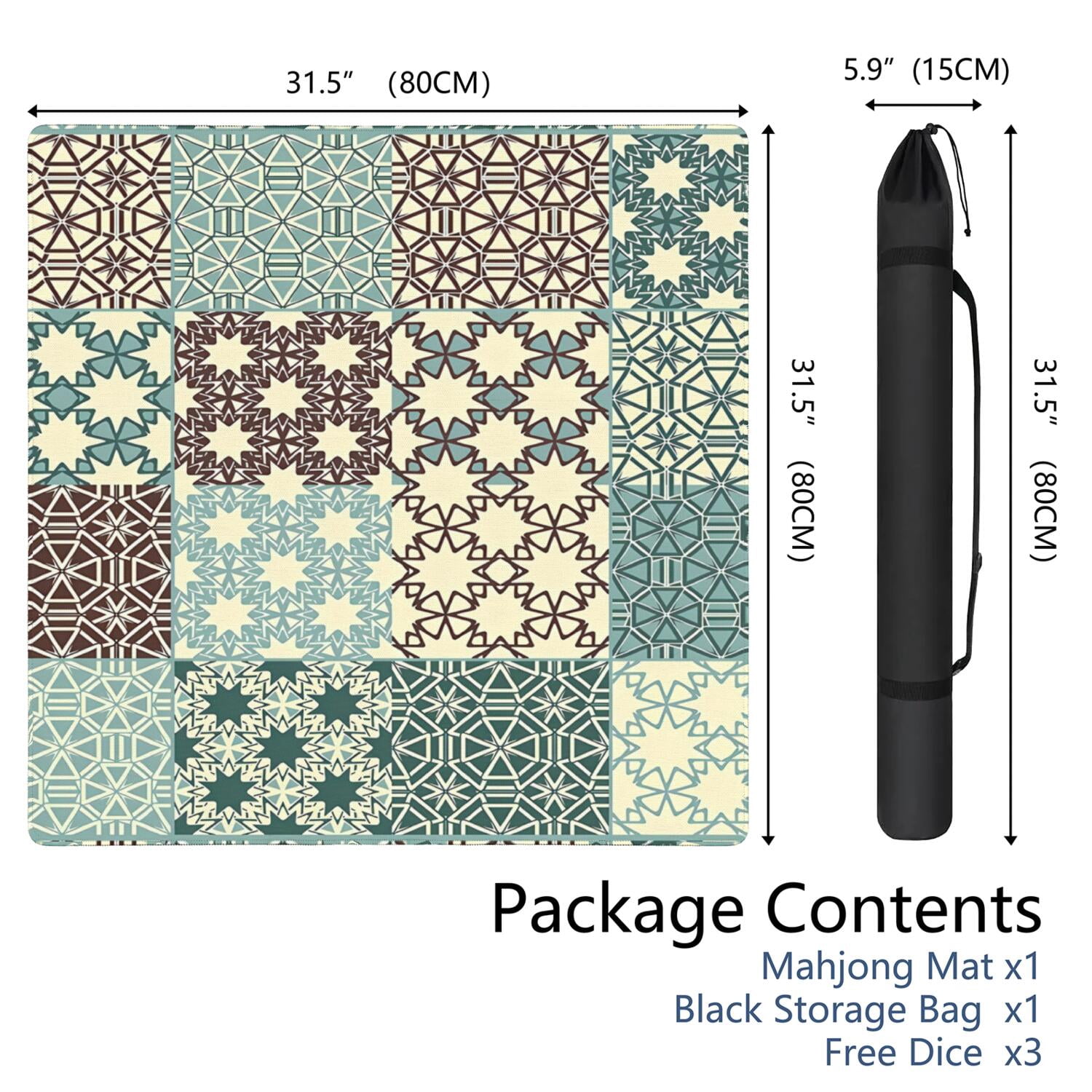 Extra Large Boho Pattern Anti-Slip Playing Surface 31.5 Inch Square Rubber Mahjong Mat with Noise Reduction for Chinese Tiles and Family Game Nights