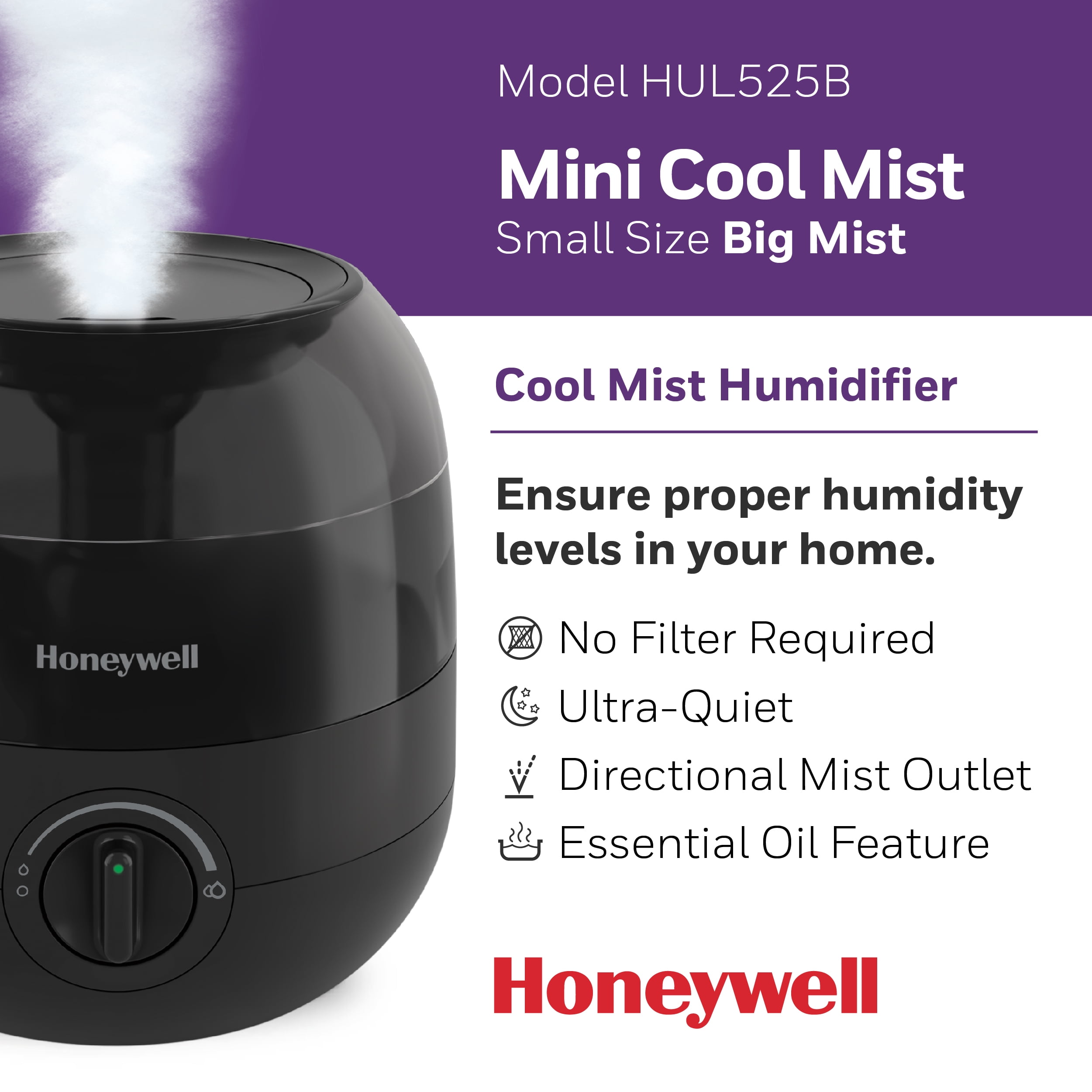Honeywell 1/2 gal 250 sq ft. Mini Cool Mist Humidifier, Black, HUL525B