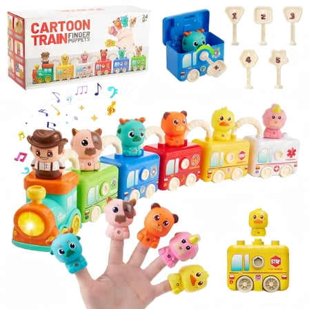 DEGIDEGI Montessori Farm Train Toy Set for Toddlers, Counting, Sorting & Matching Toys with Animals, Music & Lights, Interactive Finger Puppets & Barns, Perfect Learning Toy for Preschool Kids