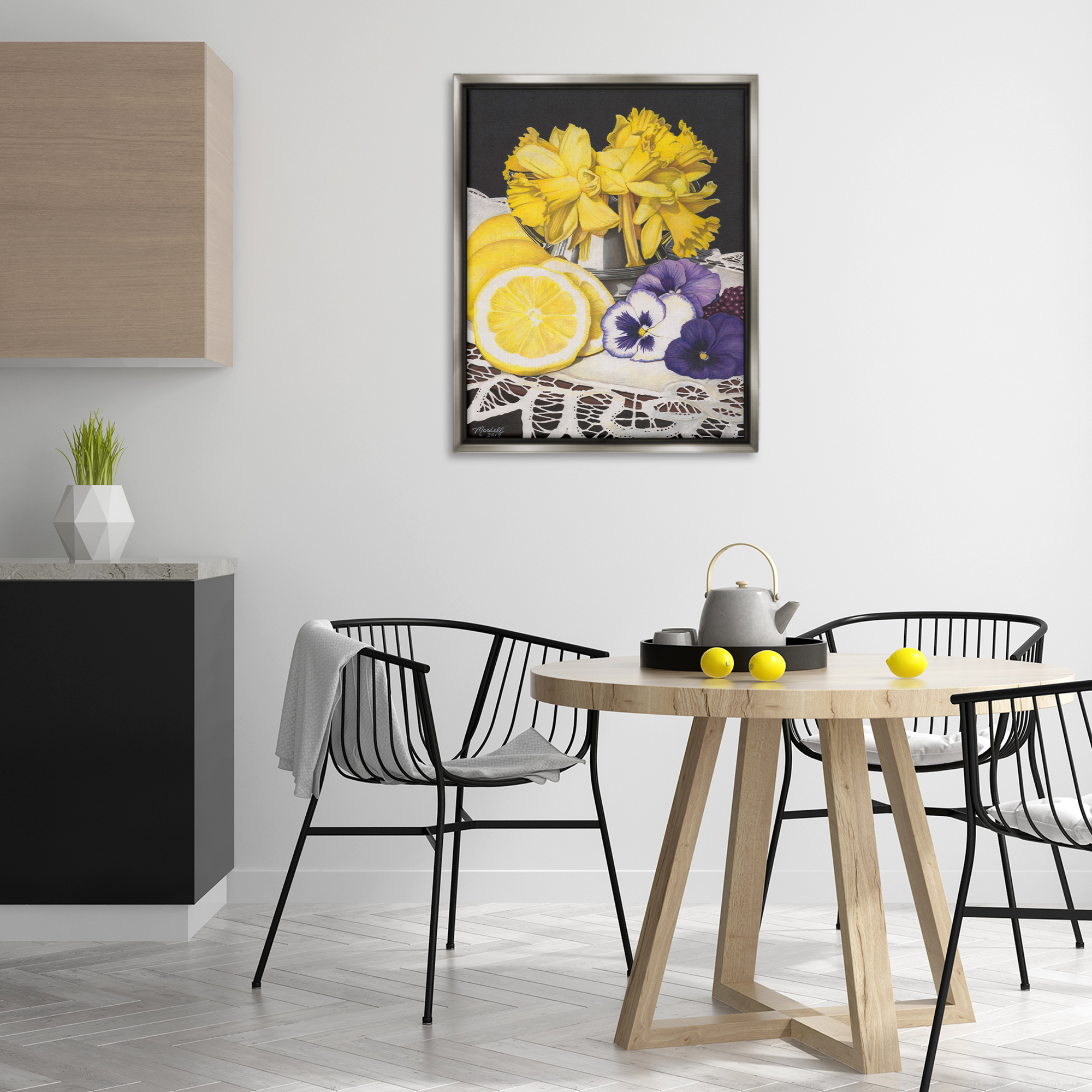 Stupell Industries Daffodils & Lemons Still Life Food & Beverage Painting Gray Floater Framed Art Print Wall Art, 25 x 31