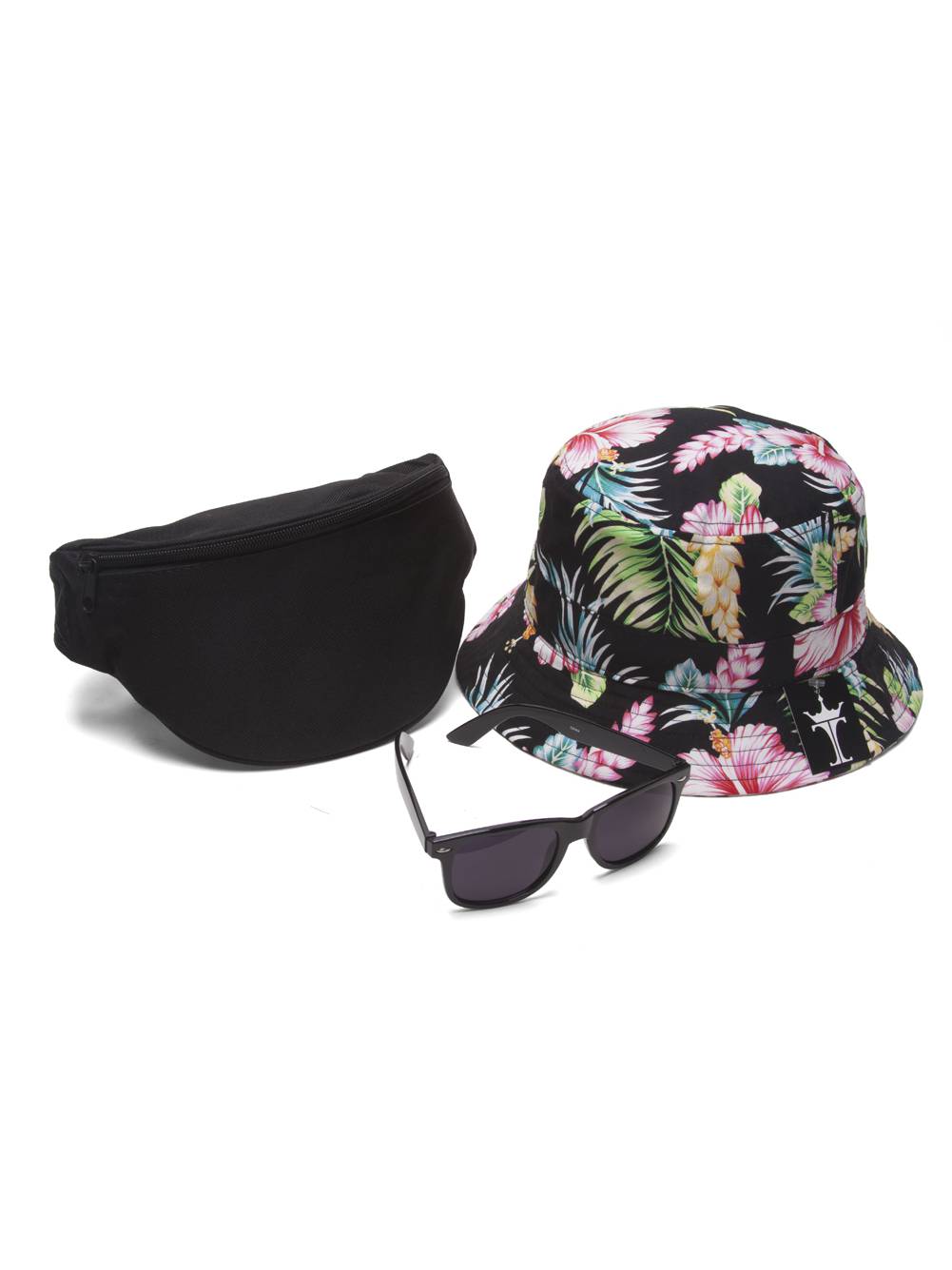Men's Festival Accessory Kit w/ Floral Bucket, Fanny Pack and Horn