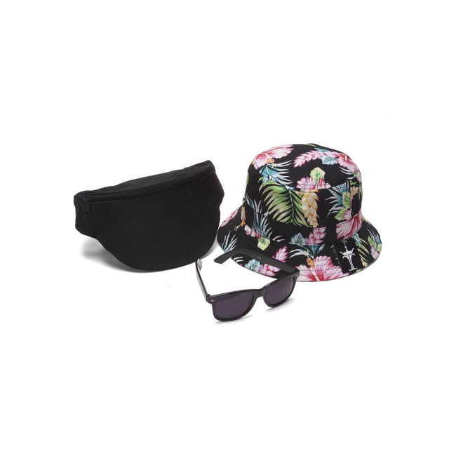 Men's Festival Accessory Kit w/ Floral Bucket, Fanny Pack and Horn-Rimmed Black