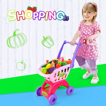 NimJoy Pink Big Toy Shopping Cart W/Cutting Foods ABS Toy for Girls 3-6 Years Kids, Pretend Play Shopping Grocery Play Set Gifts to Toddlers Girls Boys (Unisex)