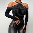 thumbnail image 2 of Women Fashion Shirt Rhinestone Long Sleeve Slim Cold Shoulder HalterneckBlouse Top, 2 of 5