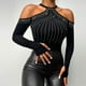 thumbnail image 2 of Blusa de manga larga con pedrería para mujer: top con hombros al aire y cuello halter, corte ajustado, tejido de poliéster, decoración brillante para fiestas, discotecas y ropa informal, 2 of 5