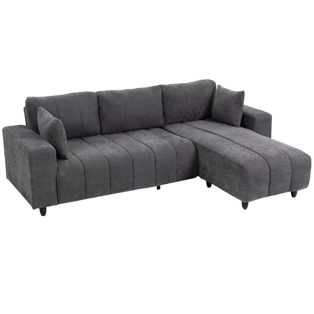 Canapé Sectionnel en L 3 Places avec Méridienne Réversible, Sofa en Tissu Aspect Lin Gris Anthracite avec Coussin Monobloc Intégré et Mousse à Ressorts, 95,3 Po L pour Salon