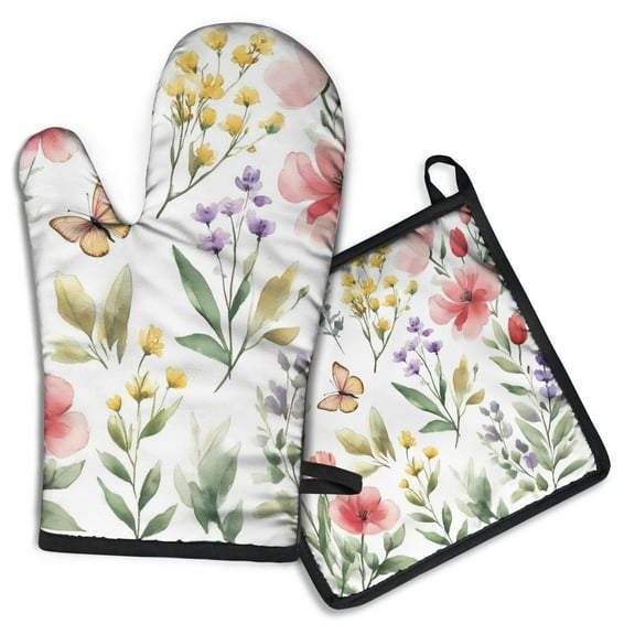 Pioneer Flower and Butterfly Kitchen Oven Mitt and Pot Holder Sets 2 Pcs for Baking, Cooking and Grilling, Heat Resistant Up To 392 °F