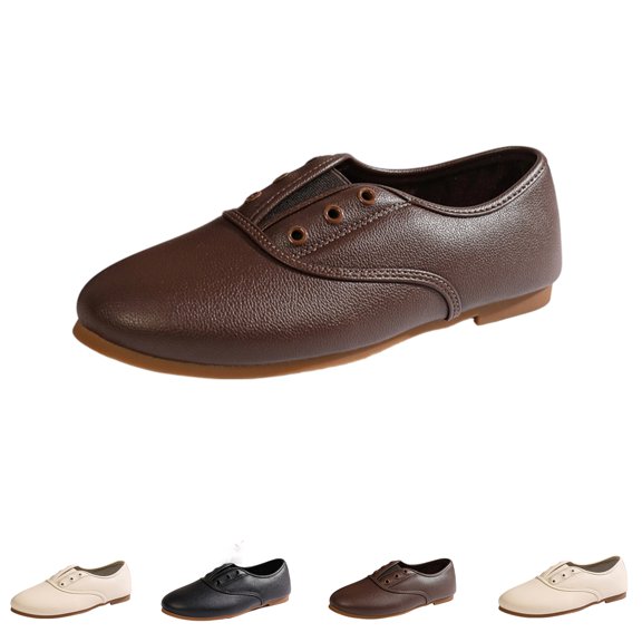 IEMIEMIEM Women's Faux Leather Oxford Flats Slip On No Laces Round Toe Casual Loafers Retro Soft Flat Walking Dress Shoes Brown 8 Wide