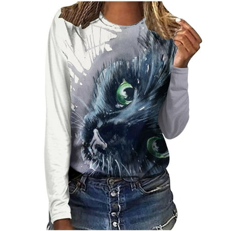 

Zedker Womens Holiday Tops Long Sleeve Tshirts Shirts for Women Fashion Woman Crew Neck Long Sleeve T-Shirt Autumn Print Loose Blouse Tops