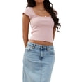 thumbnail image 2 of Lnzyyephy Women T-shirt, Short Sleeve Square Neck Lace Patchwork Bow Summer Tops Streetwear, 2 of 5