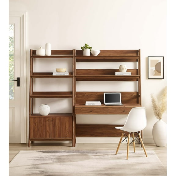 Modway Bixby 2-Piece Wood Office Desk and Bookshelf in Walnut