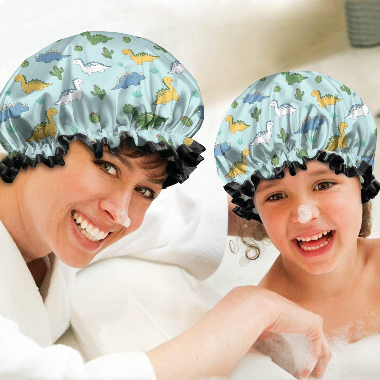 Shower Caps,LightBlue Cartoon Dinosaurs Cacti Pattern Waterproof Shower Cap for Women 4 Pieces,Double Reusable Hair Cover for Shower PEVA Elastic Stretch Hem