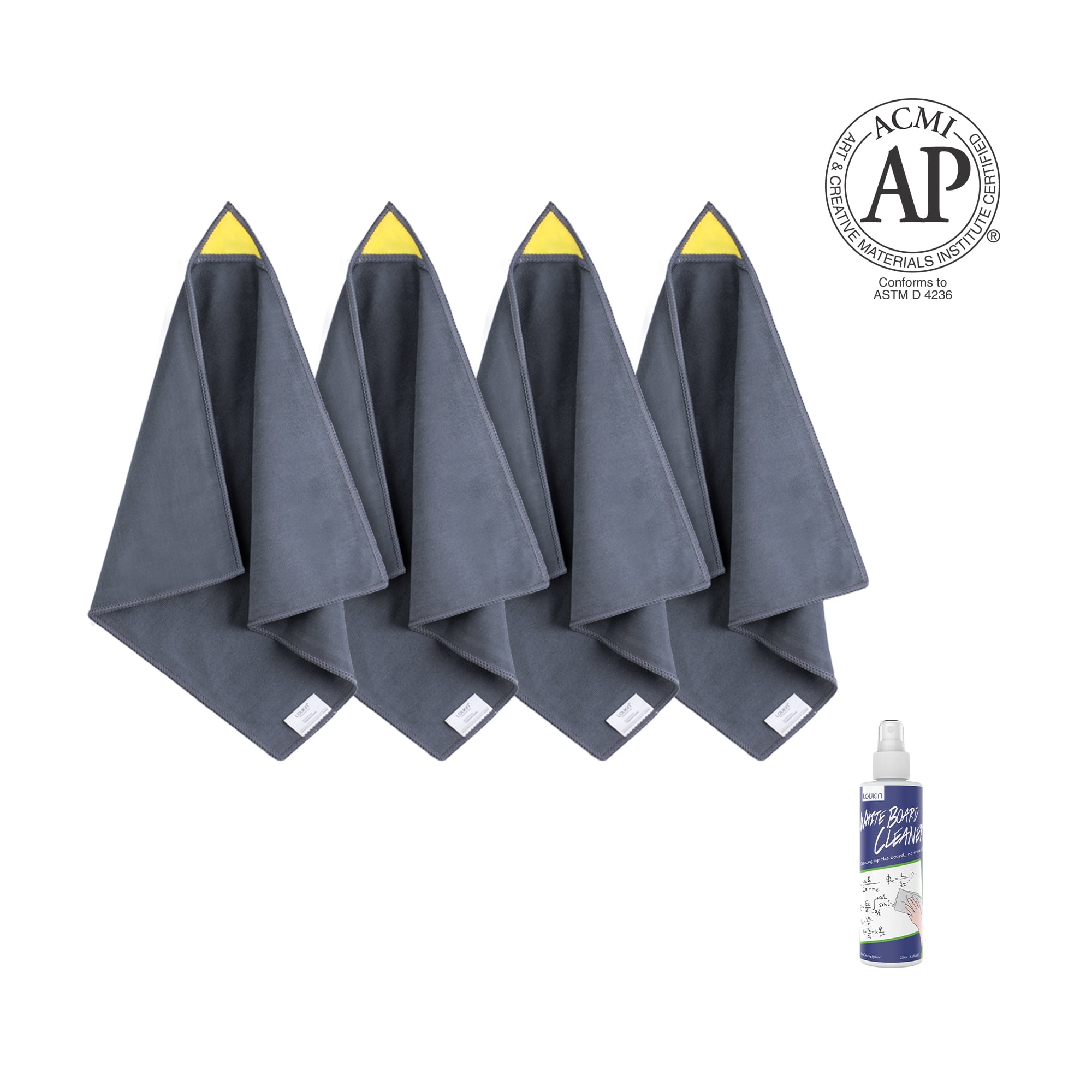 LOUKIN 4pcs Magnetic Whiteboard Cleaning Cloth, Dry Erase Cleaning Cloth, Gray, 12' x 12', Free 3.4oz Whiteboard Cleaner Included