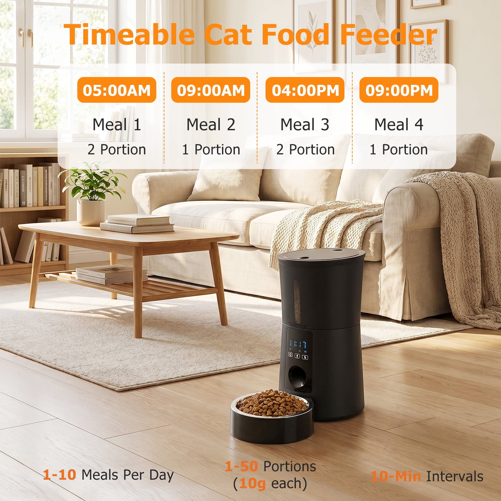 Atilioo Automatic Cat Feeder, 4L WiFi Pet Food Dispenser with App Control, Dry Food, Dual Power Supply, Timed Portion Control for Cats & Small Dogs, Black