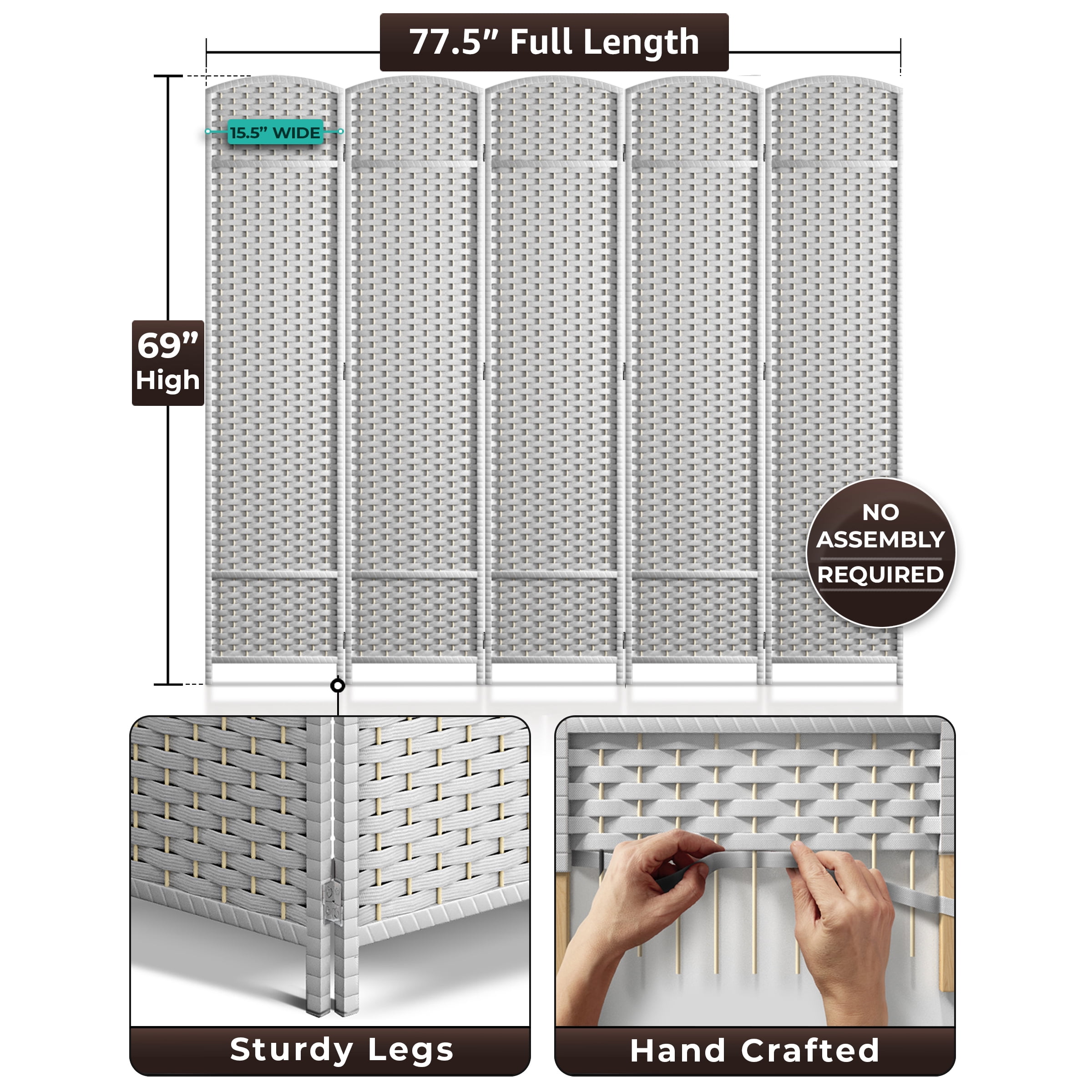 Sorbus 5-Panel Wide Folding Room Divider Privacy Screen, Hand-Woven White Mesh