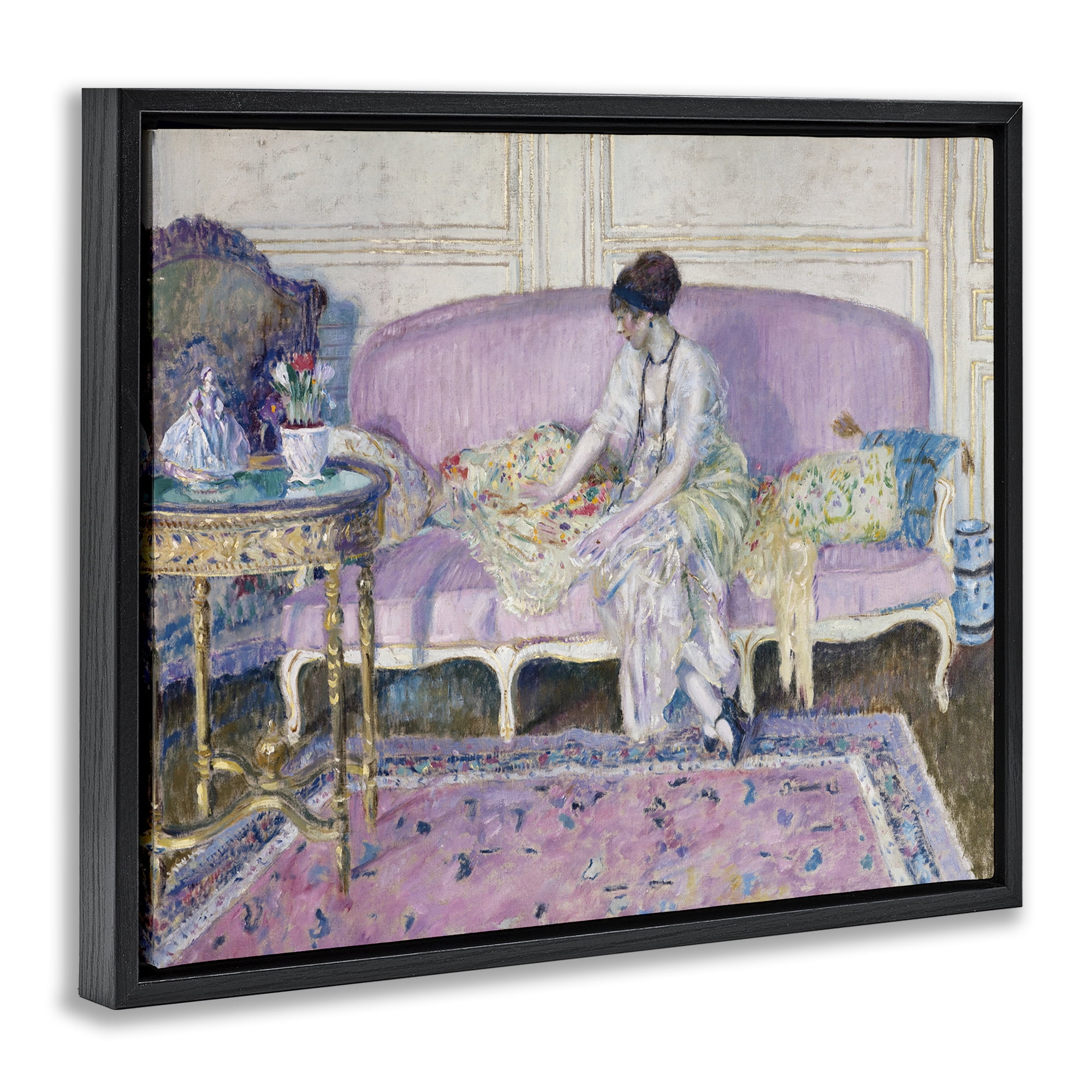 Woman Seated on Sofa Black Framed Floater Canvas Wall Art, design by Wild Apple Portfolio