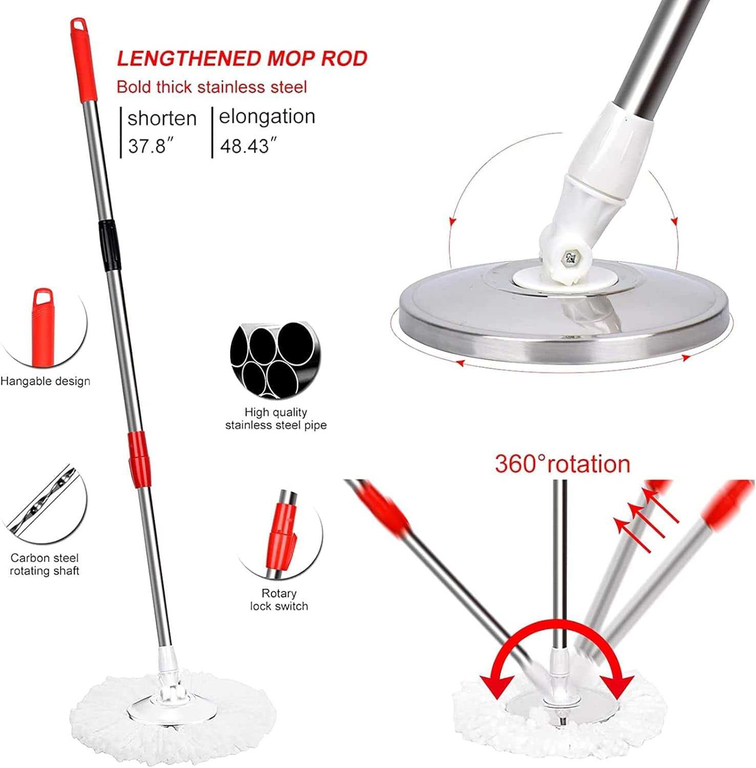 Spin Mop and Bucket with Wringer Set, 360 Spinning Mop Bucket System with 3 Microfiber Mop Replacement Heads and 61" Stainless Steel Adjustable Handle for Floor Cleaning (20QT)