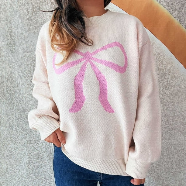 Ailaofu Womens Fall Winter Casual Sweater Cute Bow Crewneck Long Sleeve Baggy Knit Sweatshirt Top Trendy Aesthetic Clothes