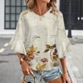 thumbnail image 3 of Fall Flowers Leaves Butterfly Dragonfly Oil Painting Women's V-Neck Blouse With 3/4 Ruffled Bell Sleeves Casual Top Ladies Blouses, 3 of 7