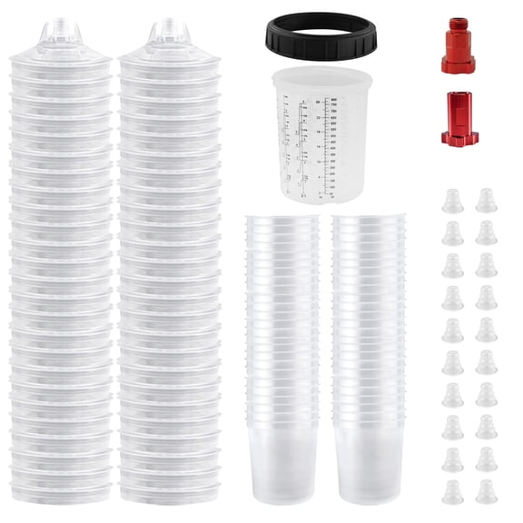 800ml Disposable Paint Cup System, 50 Paint Cup Liners & 50 Filter Lids with 1 Reusable Outer Cup, 20 Sealing Plugs, 2 Adapters & Retaining Ring for HVLP/LVLP Spray Guns