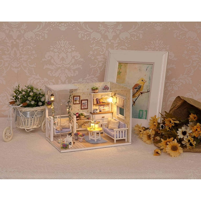 Ogrmar Wooden Dollhouse Miniatures DIY House Kit with Cover and Led  Light-Cat Diary 