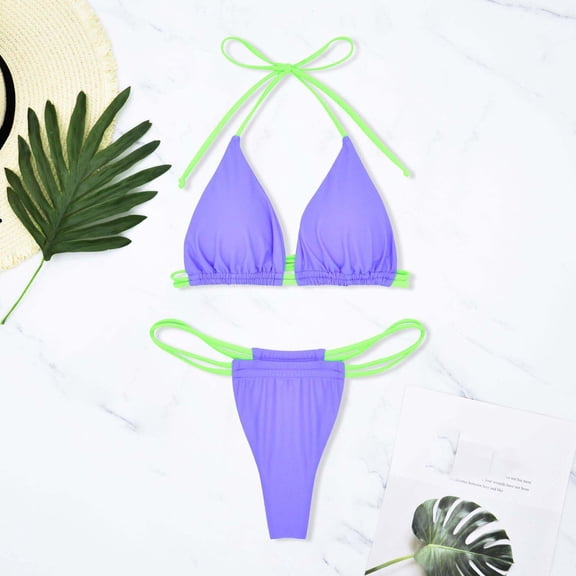Dolkfu Halter Plus Swimsuit Women Sexy Two Piece Bikini Sets Thong Cheeky Adjustable Strap Women Bathing Suit L