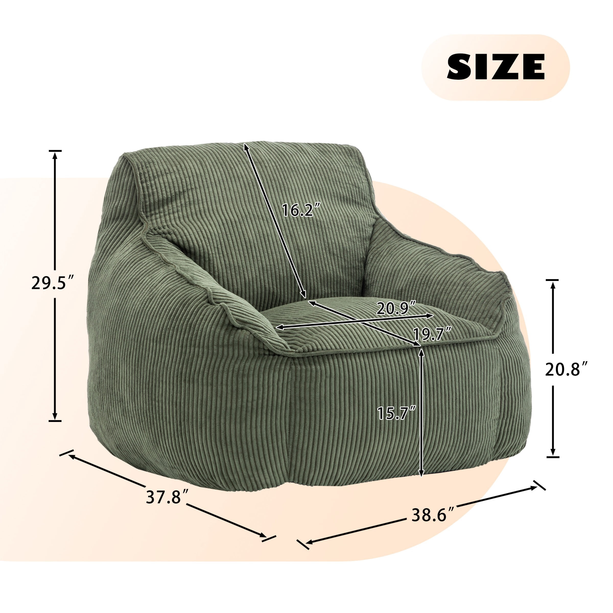 Giant Bean Bag Chair Sofa for Adults, Corduroy Bean Bag Couch with Armrests and Filler Included, Lazy Floor Chair for Living Room Bedroom, Green