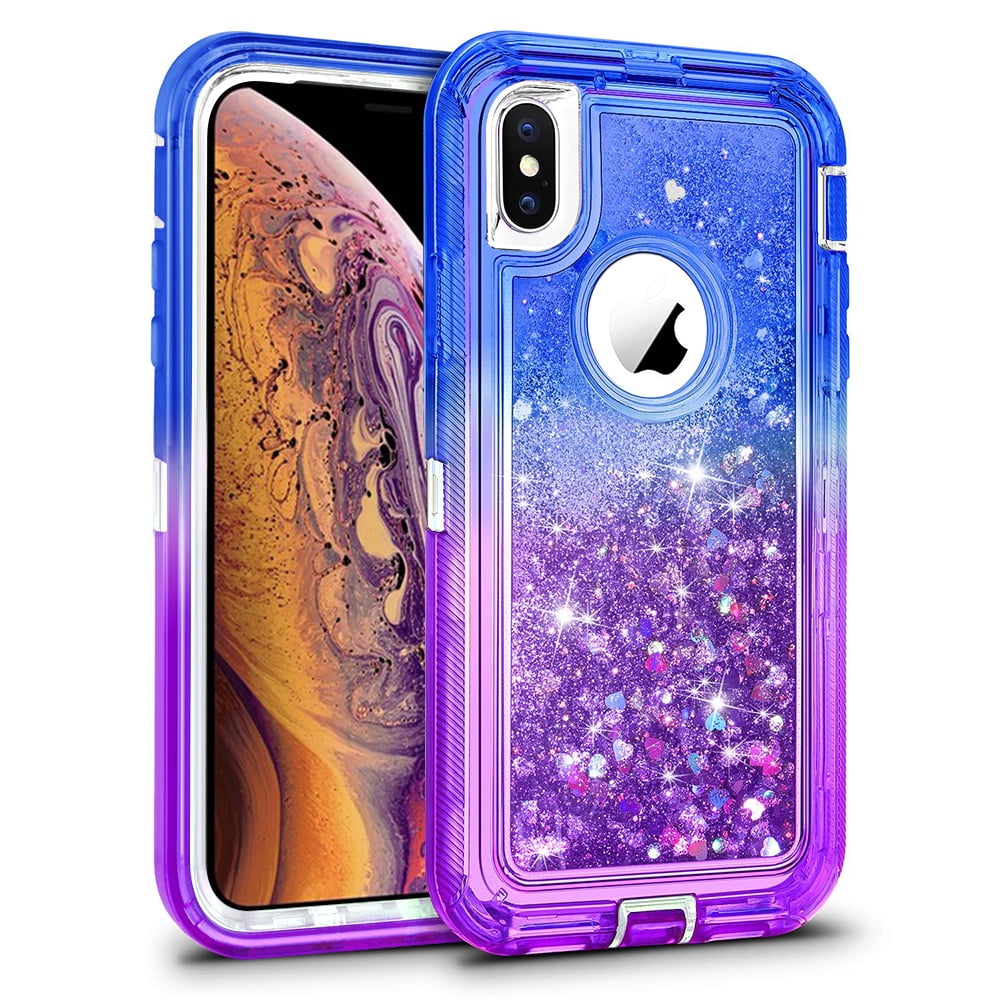 For iPhone XS Max Tough Defender Sparkling Liquid Glitter Heart Case Cover Blue