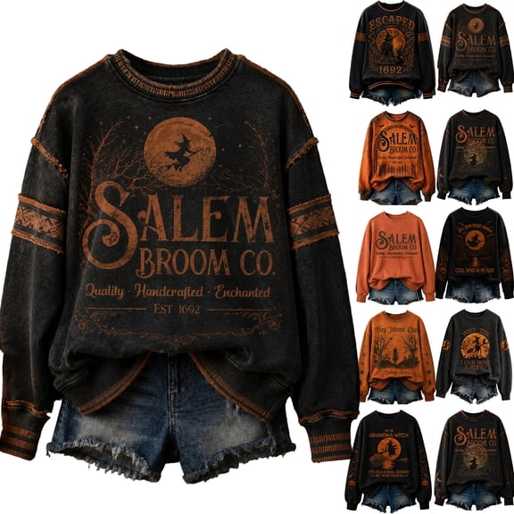 Textilo Womens Salem Broom Company Printed Sweatshirt Long Sleeve Crew Neck Sweatshirts Witch Graphic Tee Top Vintage Comfort Funny Spooky Season Top,Dark Gray S