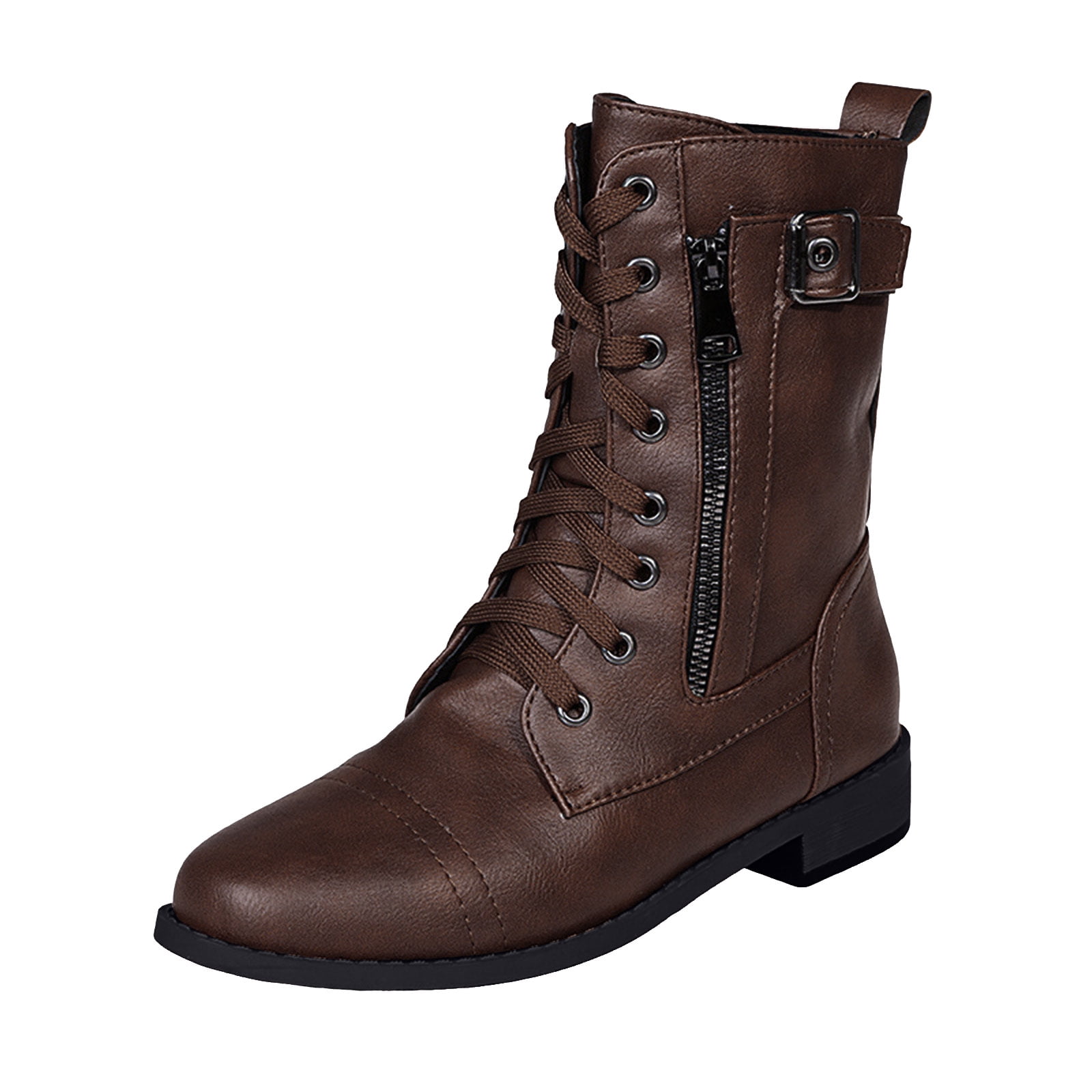 Combat Ankle Boots Women Lace up Leather Short Booties Brown Black