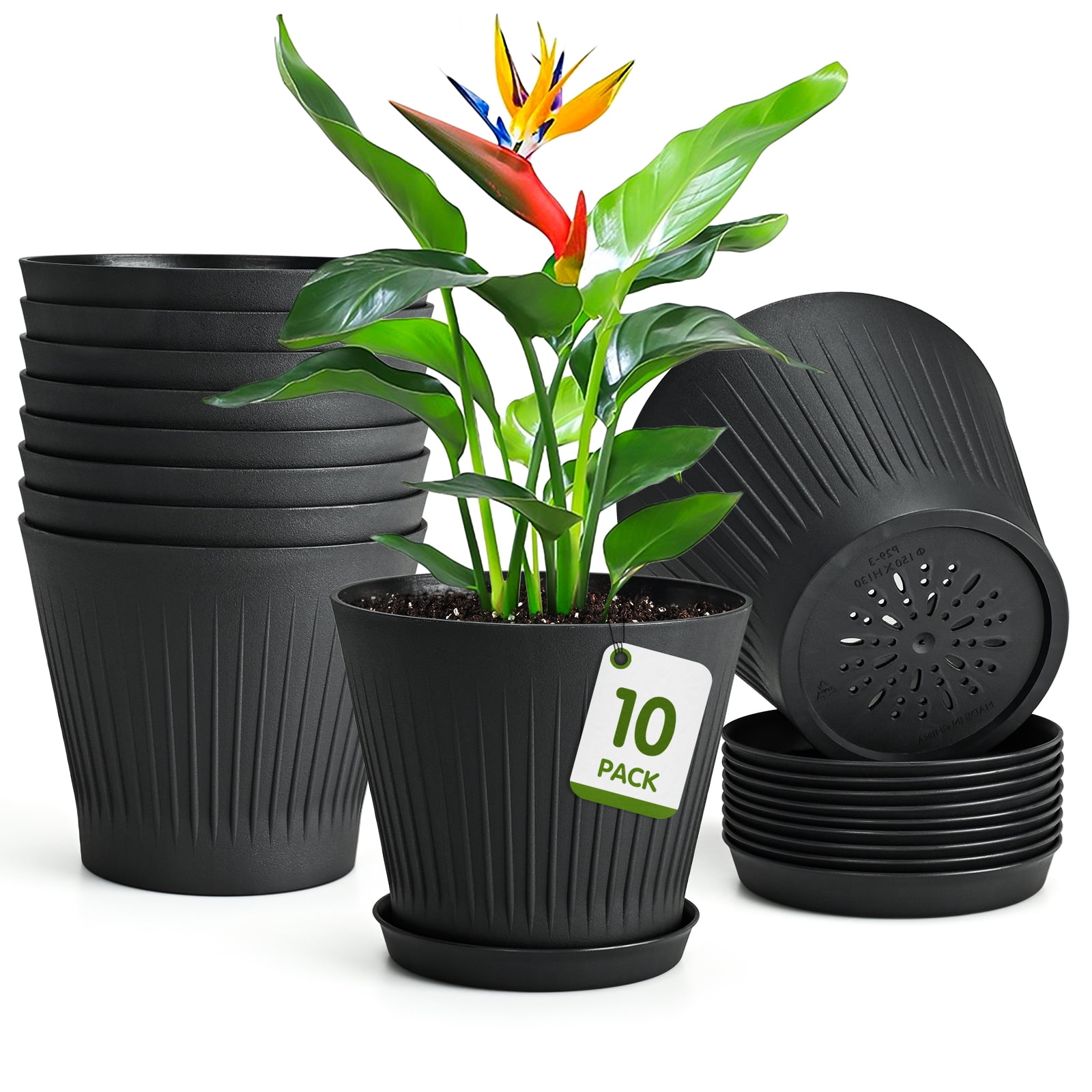 Black Plastic Plant Pots, 10 Packs 6 inch Flower Pots with Multiple