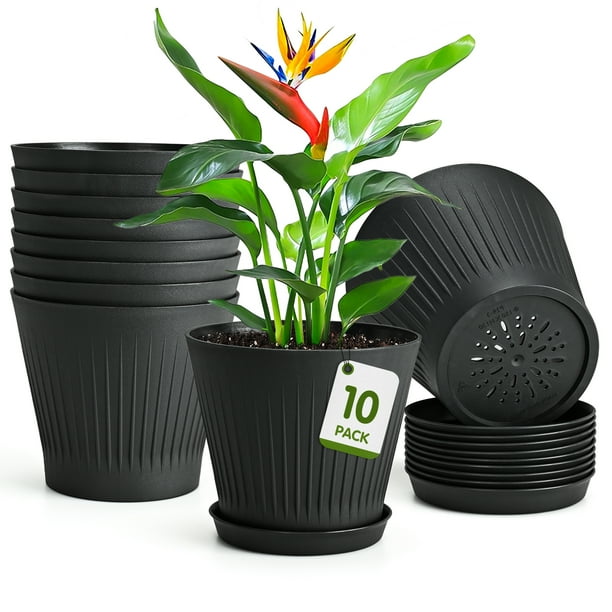 Black Plastic Plant Pots, 10 Packs 6 inch Flower Pots with Multiple