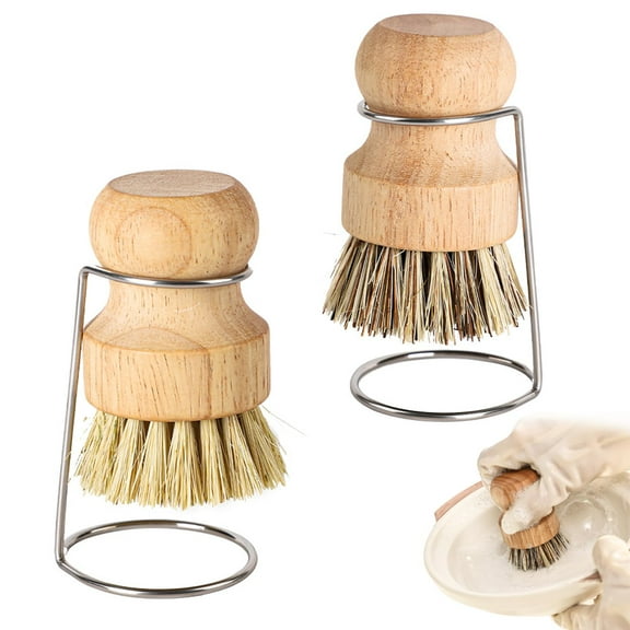 Bamboo Palm Brush, 2 PCS Bamboo Dish Pot Pan Brushes Set, Kitchen Wooden Palm Scrub Brush with 2 Drain Racks Palm Dish Brush