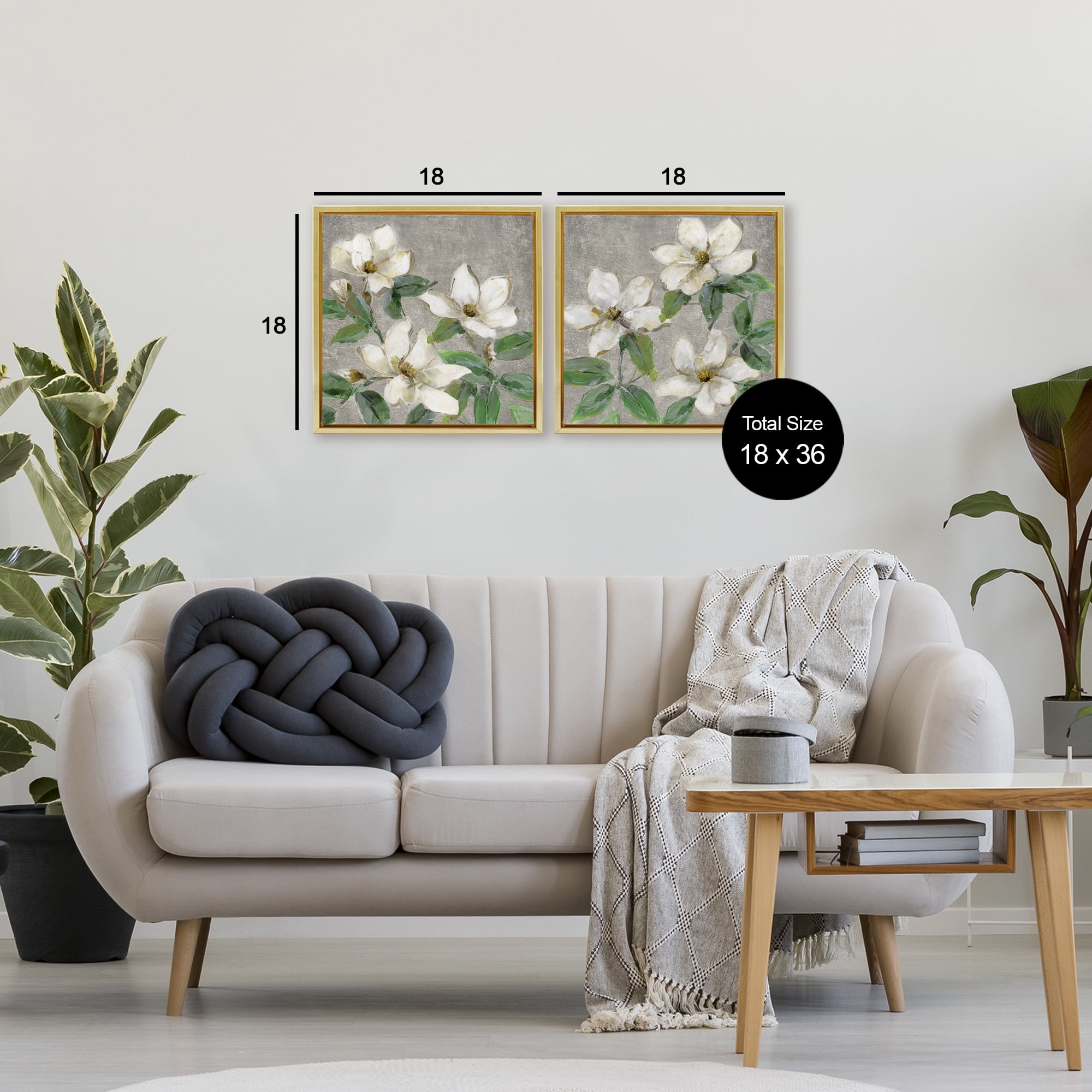 Stupell Industries Blooming Ivory Magnolias 2 Piece Gold Framed Floater Canvas Set, design by Sally Swatland